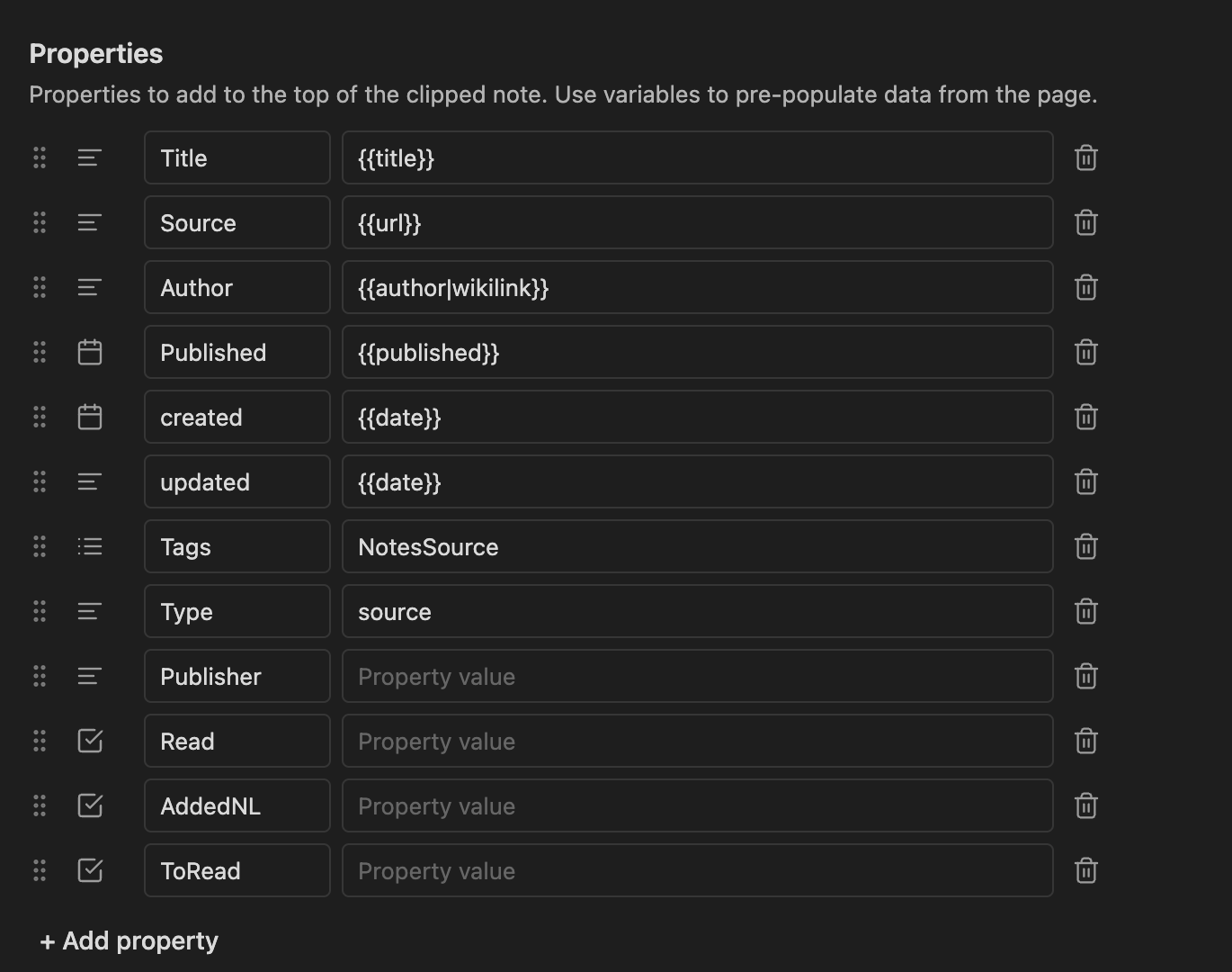 Screenshot of the Properties fields from Obsidian web clipper